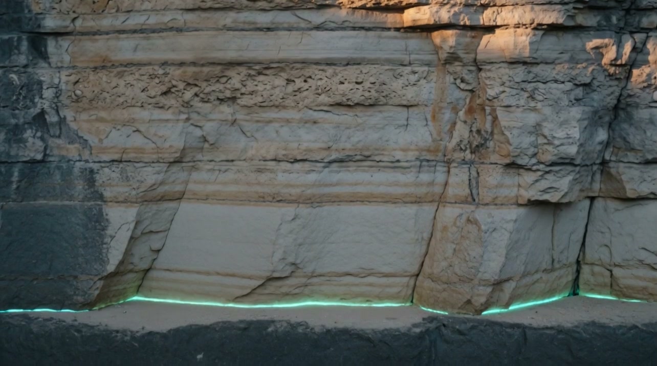 The base of a limestone wall meeting dark bedrock, a seam of light along the join