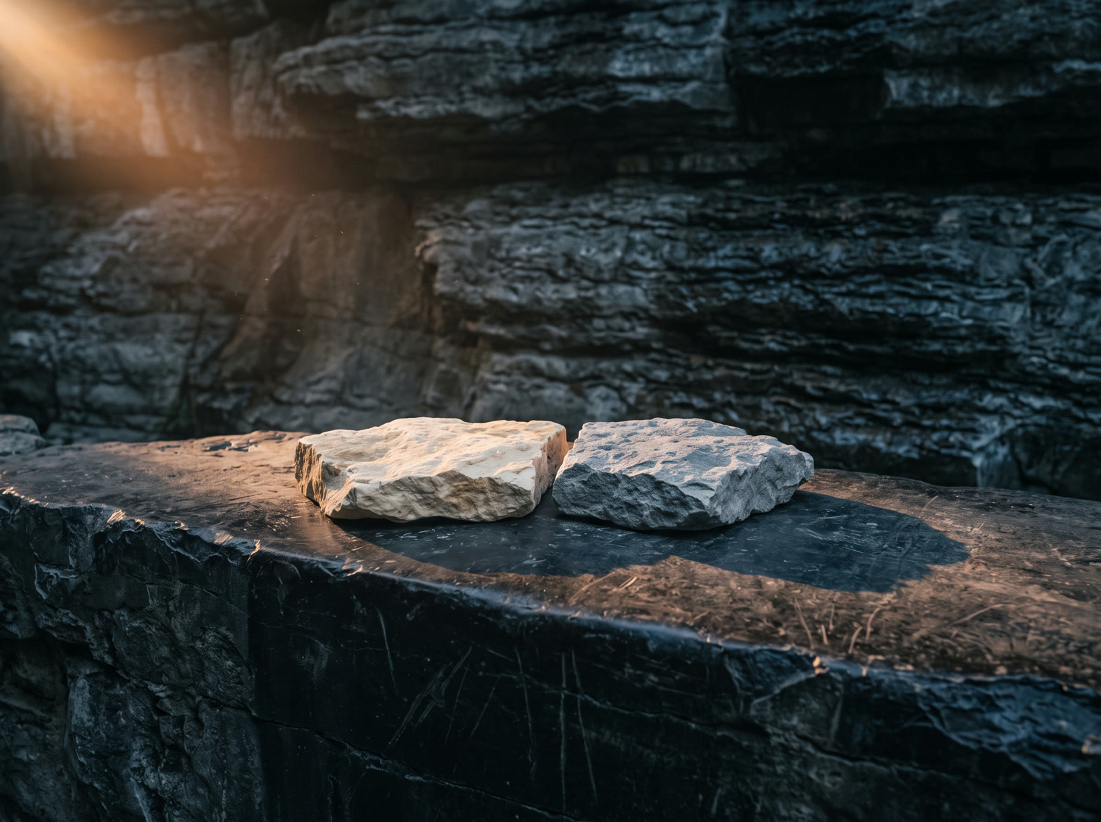Two limestone pieces set side by side on a bedrock ledge at dusk