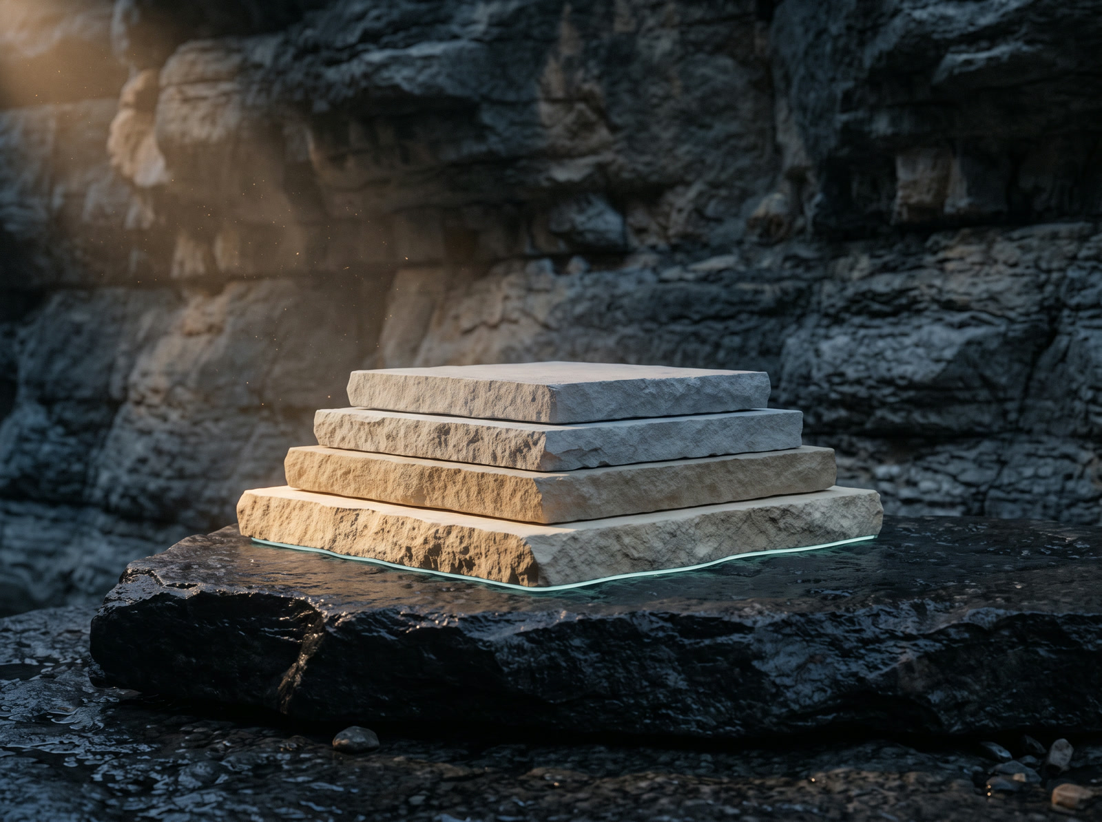 Four squared limestone slabs stacked on bedrock with a seam of light beneath